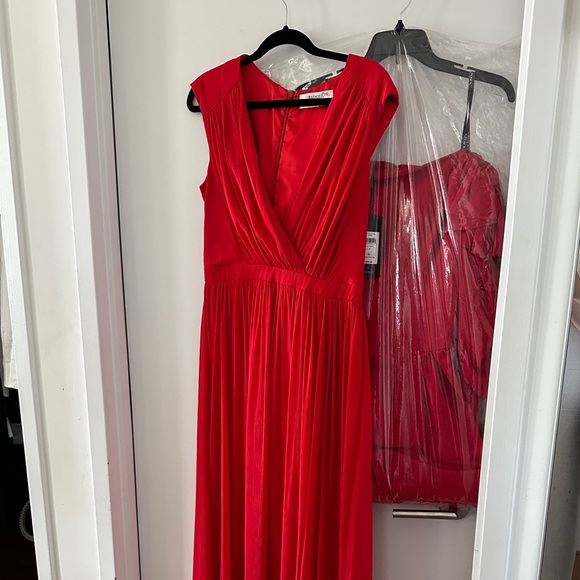 BADGLEY MISCHKA Women's Red Maxi Dress 4 SMALL Pleated Surplice Flowy - Picture 3 of 10